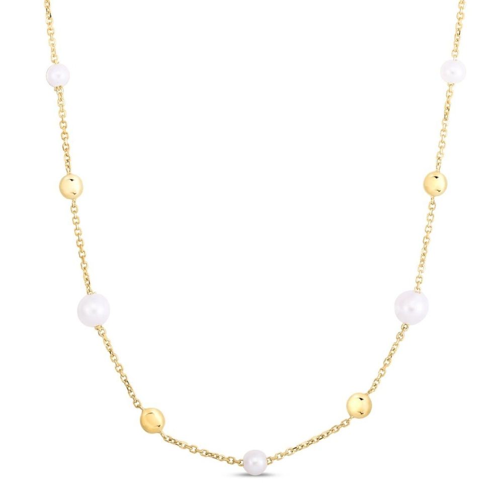 Real 14K Yellow Gold & Pearl Polished 18" Tin Cup Station Necklace